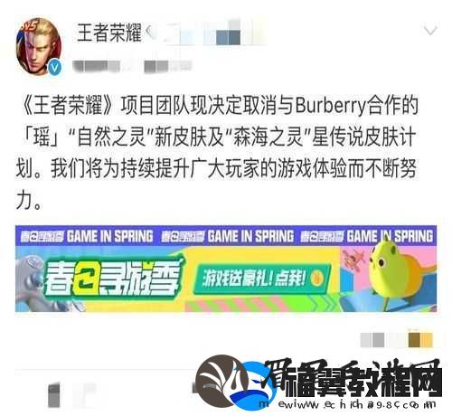 王者荣耀为何突然取消与巴宝莉合作